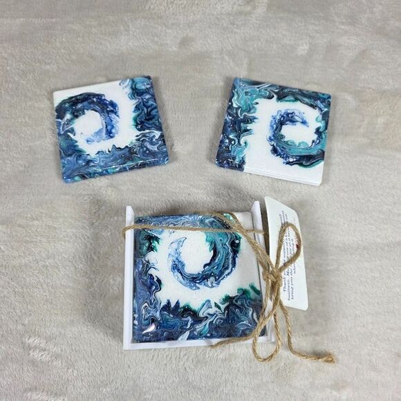 Original Pour Paint Set 4 Ceramic Coasters Hand Poured Wave Painting Blue White - Picture 2 of 7